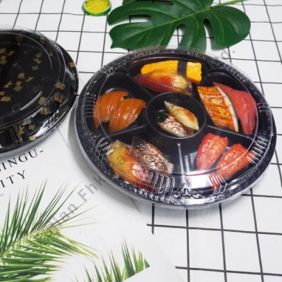 Disposable 6 Compartment Multiple Sizes Round Sushi Party Tray to Go Sushi Tray with Anti