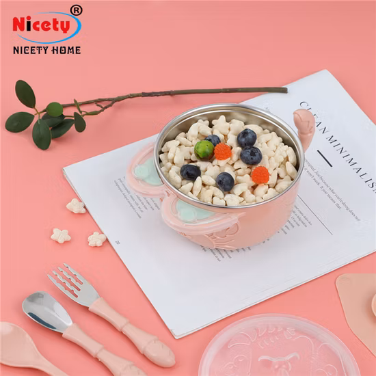 400ml Stainless Steel Baby Cutlery 5PCS Keep Warm Food Supply PP Cover Silicone Bottom Baby Suction Cup Bowl